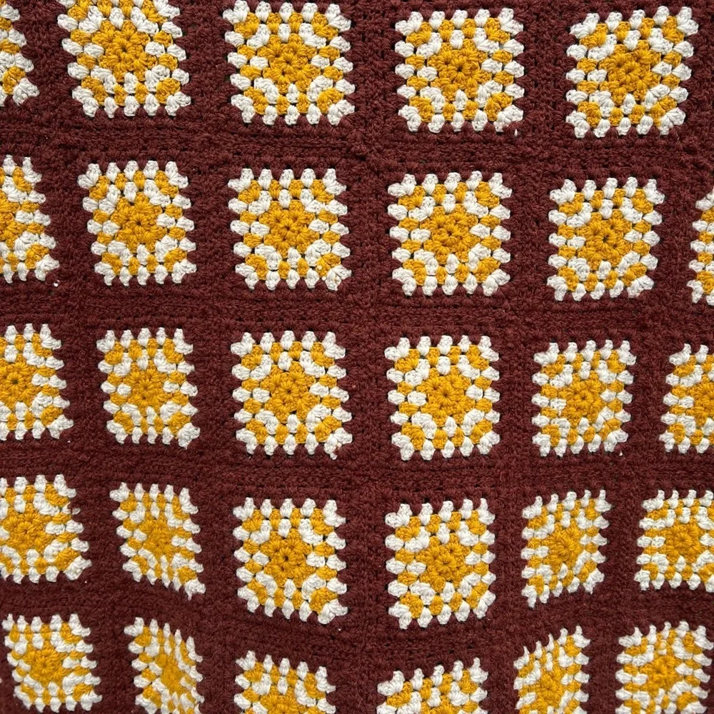Vintage 1970s Crochet Granny Square Afghan Blanket Yellow, Brown Retro Throw